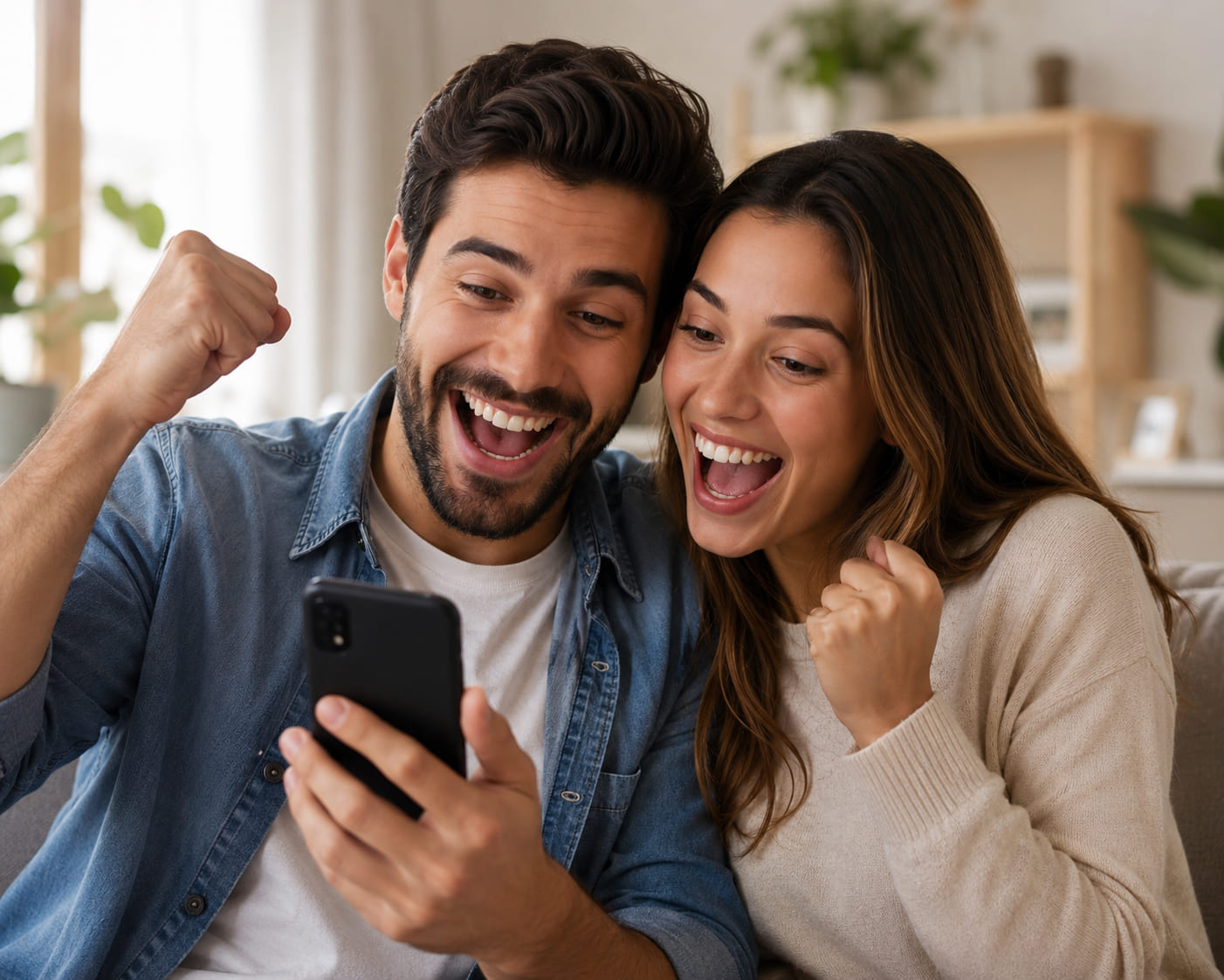 Excited couple checking their lottery numbers on a phone